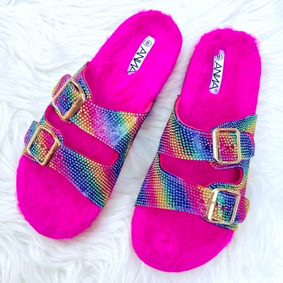 Anna Shoes - NEW IN BOX PINK FUR RHINESTONE EMBELLISHED DOUBLE BUCKLE SANDALS